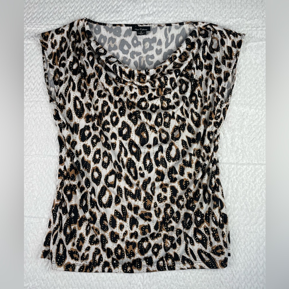 Nue Options Black and Gold Cheetah Print Cowl Neck Sleeveless Top Size M